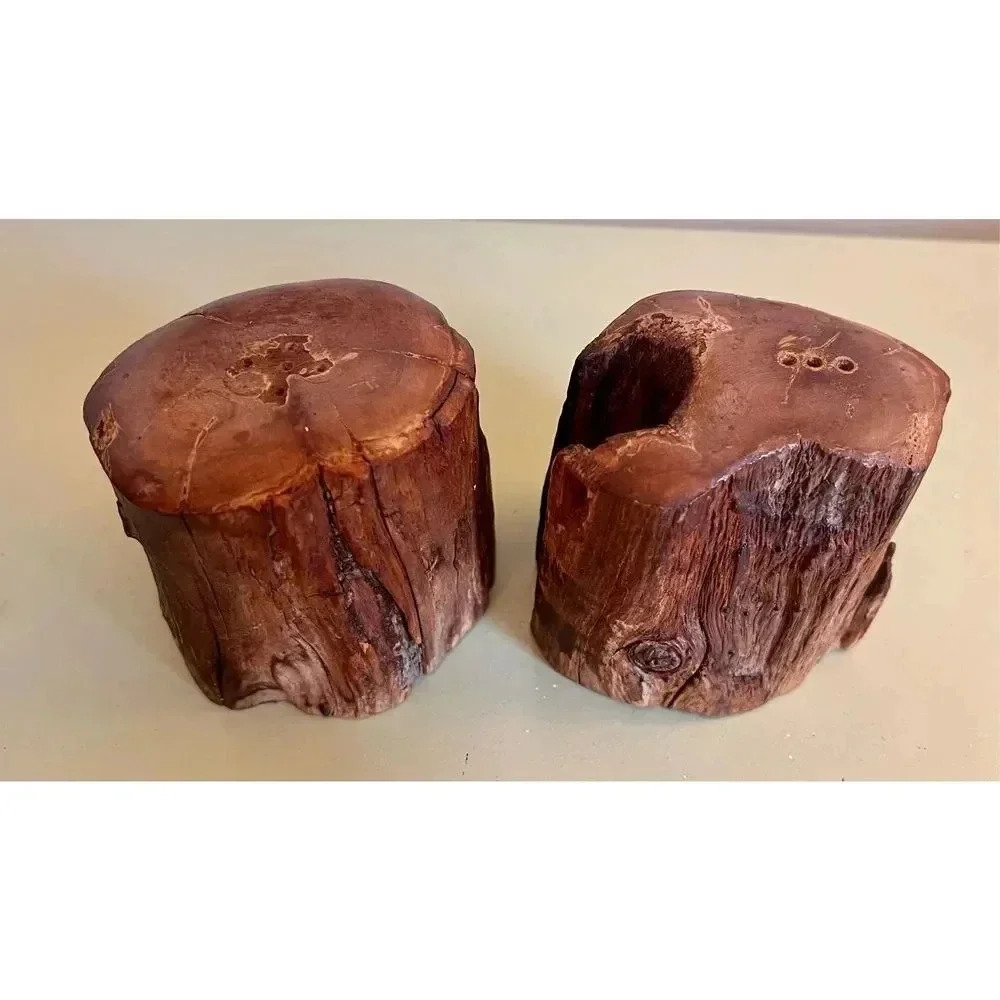 Vintage Artisan Crafted Redwood‎ Live Edge Salt Pepper Shakers Log Stump Huggie